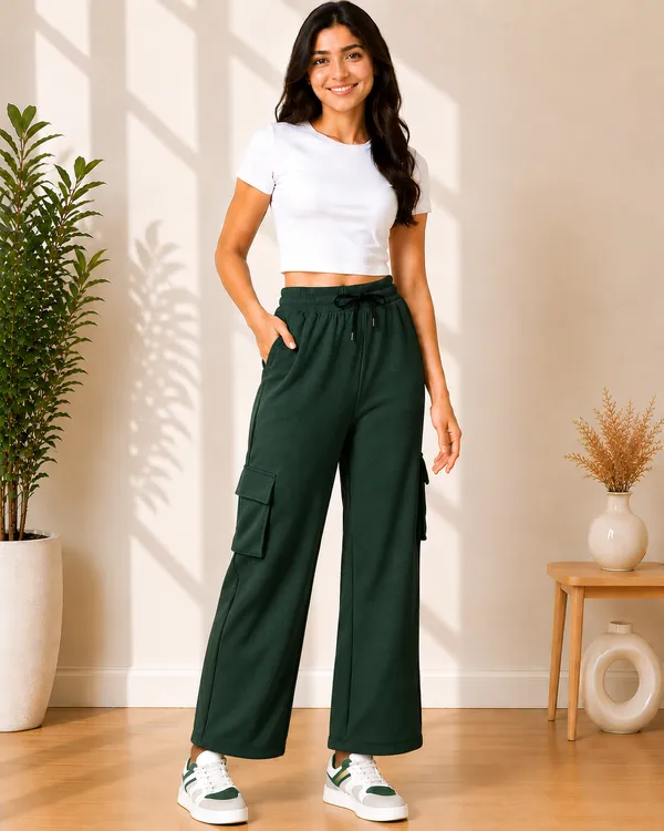 Black_And_Green_Polyester_Elastane_Wide_Leg_Cargo_Pants_For_Women_Pack_Of_2