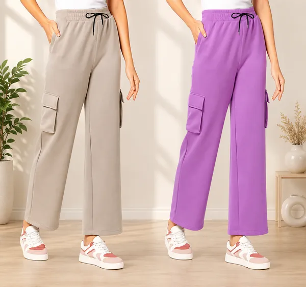 Cream_And_Purple_Polyester_Elastane_Wide_Leg_Cargo_Pants_For_Women_Pack_Of_2