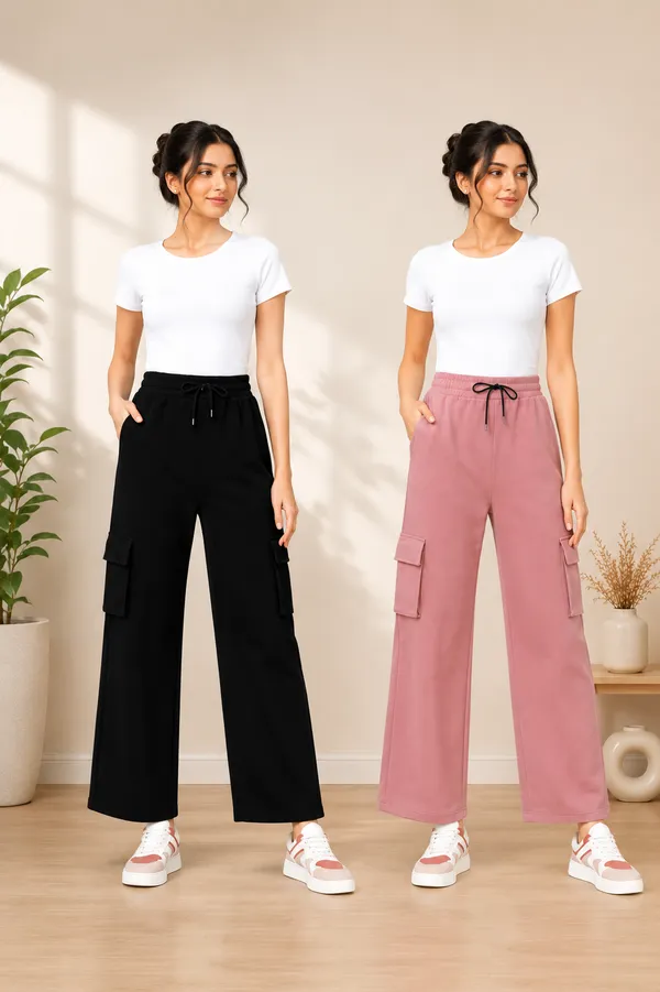 Black_And_Peach_Cotton_Elastane_Wide_Leg_Cargo_Jogger_Pants_For_Women_Pack_Of_2