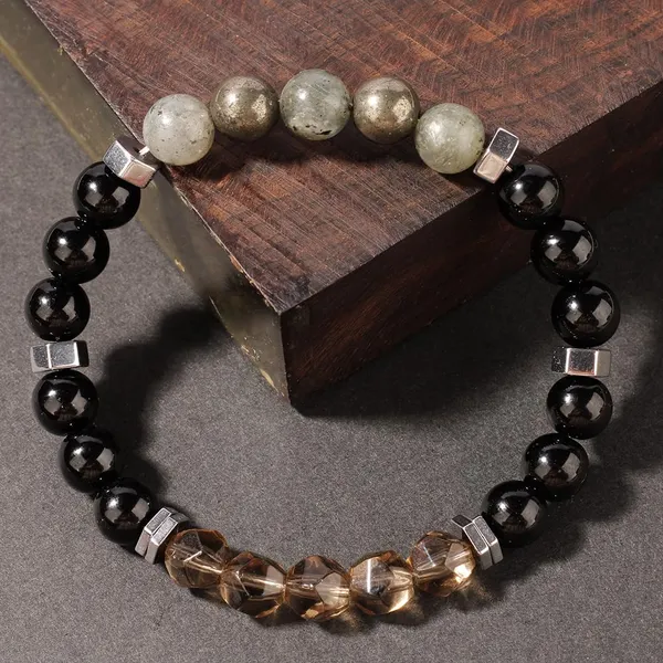 Protection_&_Business_Bracelet_|_Natural_Black_Agate,_Pyrite,_Labradorite,_and_cut-face_Smoky_Quartz_Beads_|_Unisex