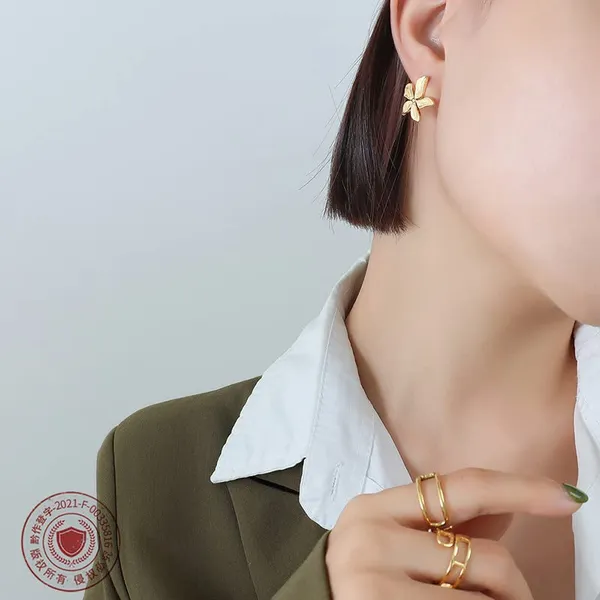 18K_Gold_Plated_Flower_Stud_Earrings_Five-Petals_Floral_Silhouette_With_Textured_Detailing_|_PVD_Vacuum_Plating_-_Ritambharaa