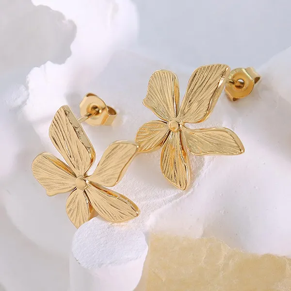 18K_Gold_Plated_Flower_Stud_Earrings_Five-Petals_Floral_Silhouette_With_Textured_Detailing_|_PVD_Vacuum_Plating_-_Ritambharaa