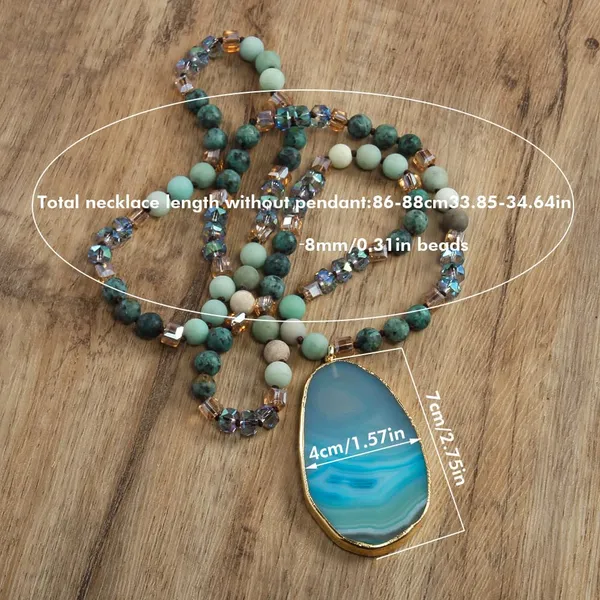 Ritambharaa_Natural_Blue_Agate_Pendant_Necklace_–_Handmade_Long_Beaded_Stone_Necklace_with_Gold-Tone_Pendant_for_Women,_Statement_Jewellery