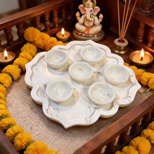 Marble_Pooja_Scalloped_Serving_Platter_With_Diya_Cups