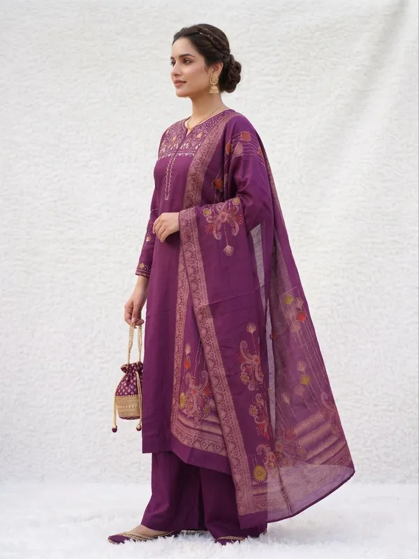 Embroidered_Purple_Mango_Silk_Kurti,_Plazo_&_Dupatta_Set