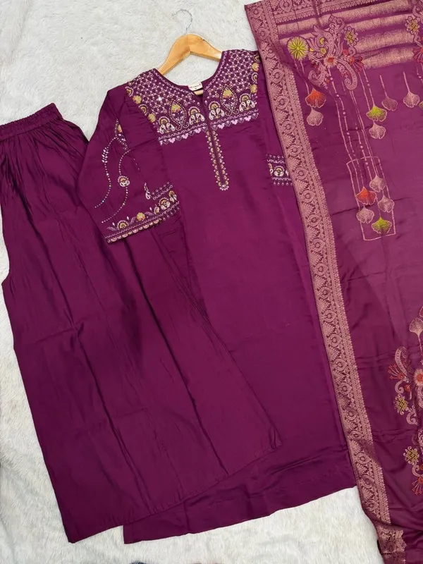 Embroidered_Purple_Mango_Silk_Kurti,_Plazo_&_Dupatta_Set