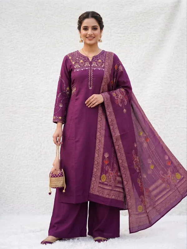 Embroidered_Purple_Mango_Silk_Kurti,_Plazo_&_Dupatta_Set