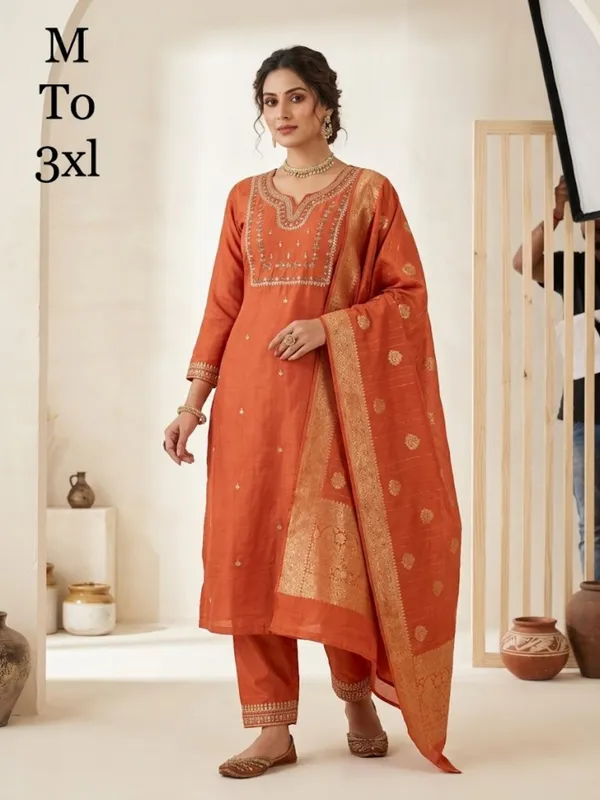 Orange_Embroidery_Viscose_Silk_Kurti_Set_|_Hand_Work_|_Festive_&_Party_Wear