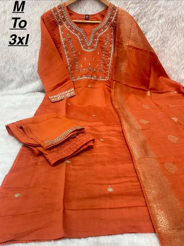 Orange_Embroidery_Viscose_Silk_Kurti_Set_|_Hand_Work_|_Festive_&_Party_Wear