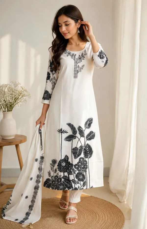 Elegant_White_And_Black_Floral_Embroidered_Kurta_Set
