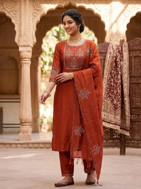 Orange_Embroidery_Viscose_Silk_Kurti_Set_|_Hand_Work_|_Festive_&_Party_Wear