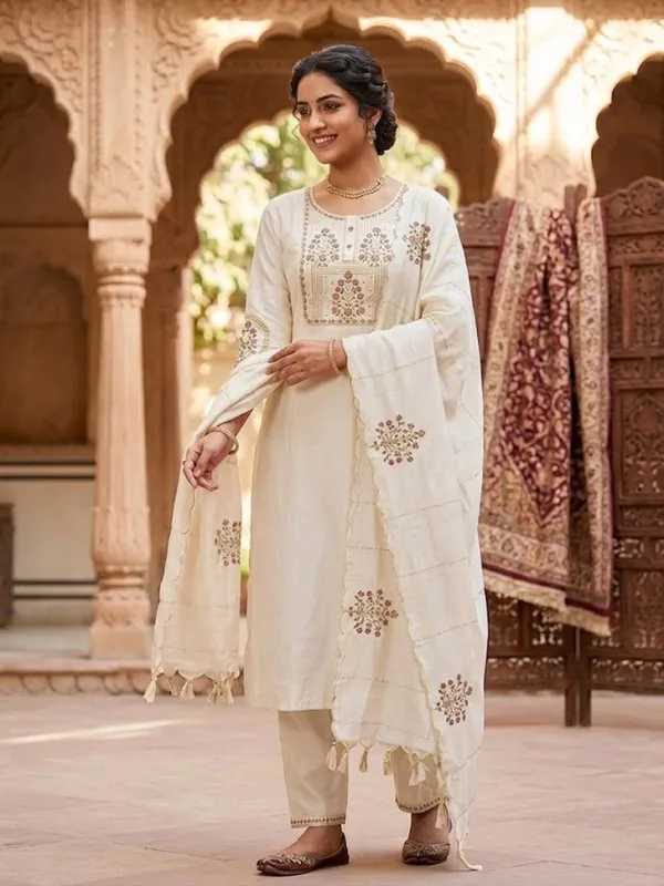 White_Embroidery_Viscose_Silk_Kurti_Set_|_Hand_Work_|_Festive_&_Party_Wear