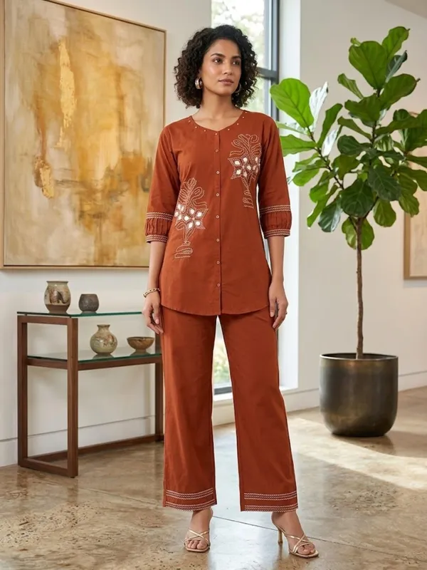Orange_Embroidery_Pure_Cotton_Co-Ord_Set_|_Thread_Work