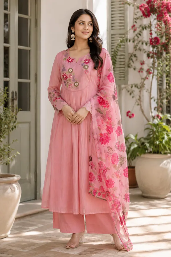Pink_Embroidery_Mal_Chanderi_Narkali_Kurti_Set