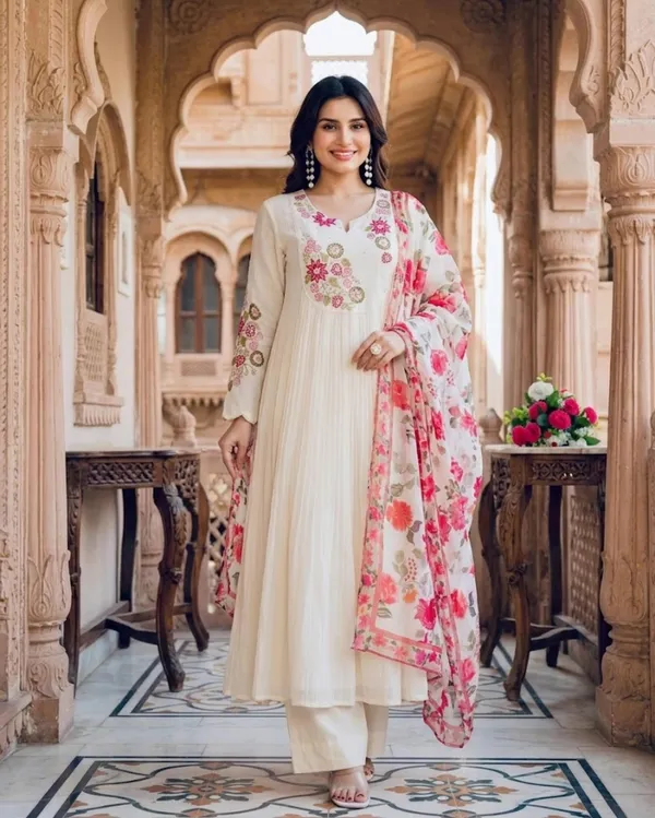 White_Embroidery_Mal_Chanderi_Narkali_Kurti_Set