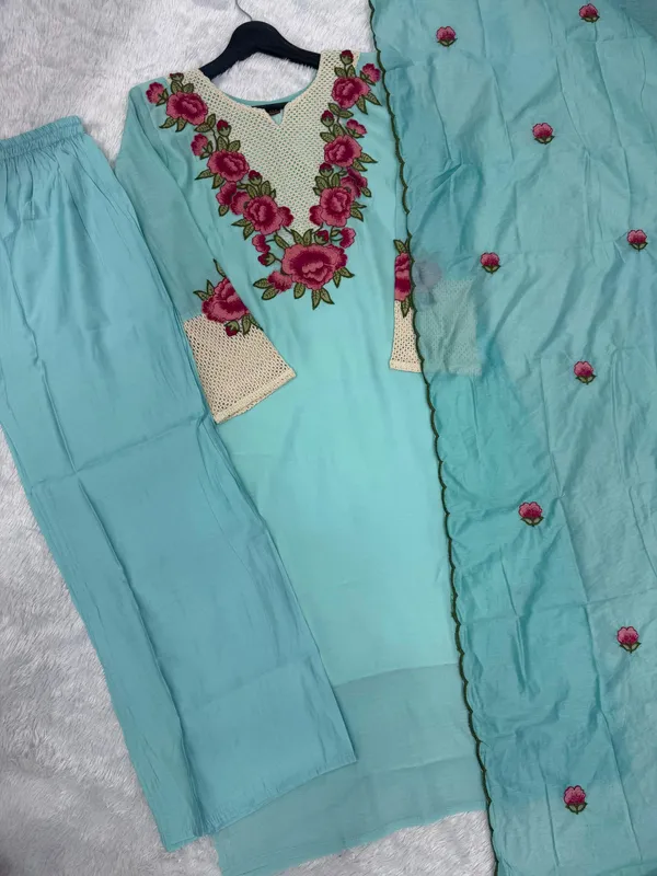 Blue_Embroidery_Mal_Chanderi_Narkali_Kurti_Set