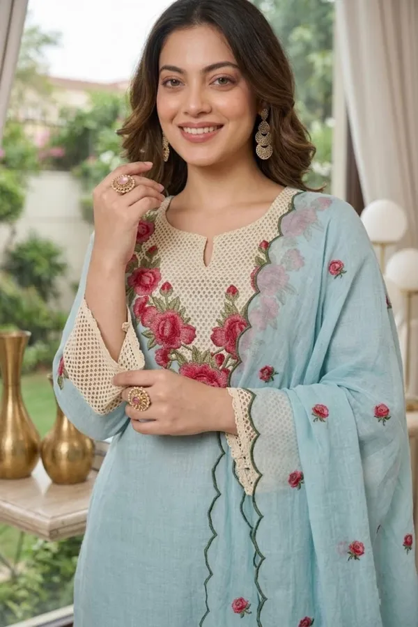 Blue_Embroidery_Mal_Chanderi_Narkali_Kurti_Set