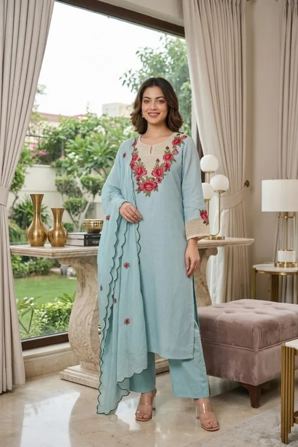 Blue_Embroidery_Mal_Chanderi_Narkali_Kurti_Set