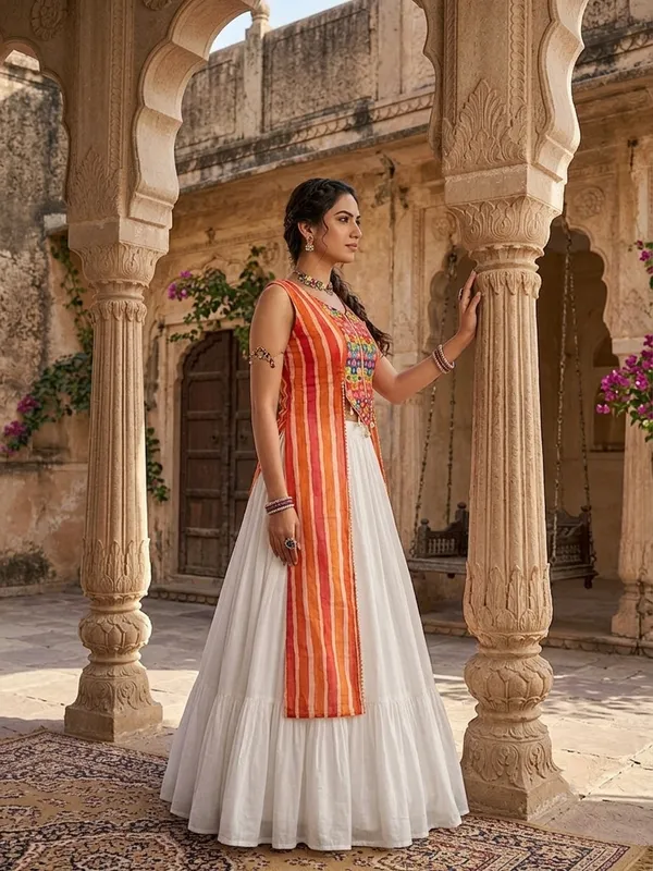 Navratri_Special_Kesari_Orange_Long_Jacket_Chaniya_Choli_Set