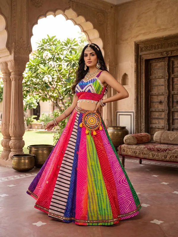 Multi-Color_Bandhani_&_Shibori_Printed_Flared_Lehenga_Choli_Set