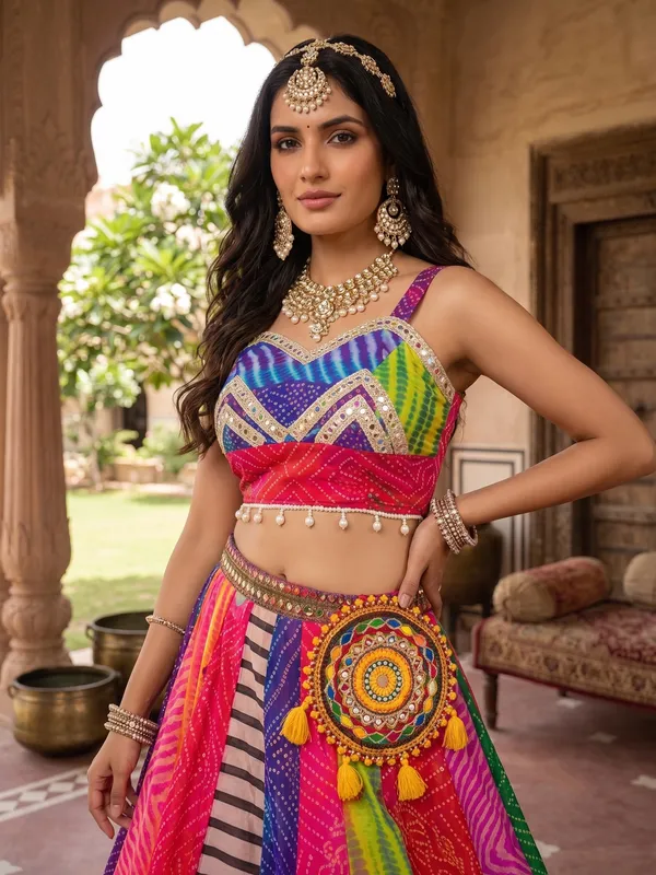 Multi-Color_Bandhani_&_Shibori_Printed_Flared_Lehenga_Choli_Set