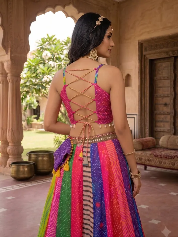 Multi-Color_Bandhani_&_Shibori_Printed_Flared_Lehenga_Choli_Set