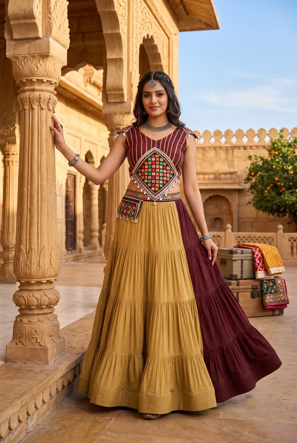 Maroon_&_Beige_Dual-Tone_Tiered_Flared_Lehenga_Choli_Set
