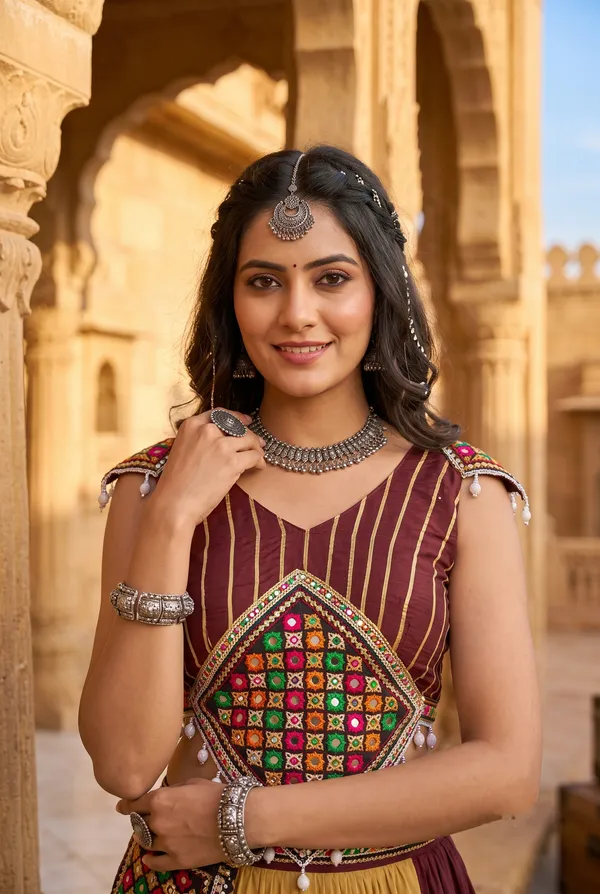 Maroon_&_Beige_Dual-Tone_Tiered_Flared_Lehenga_Choli_Set