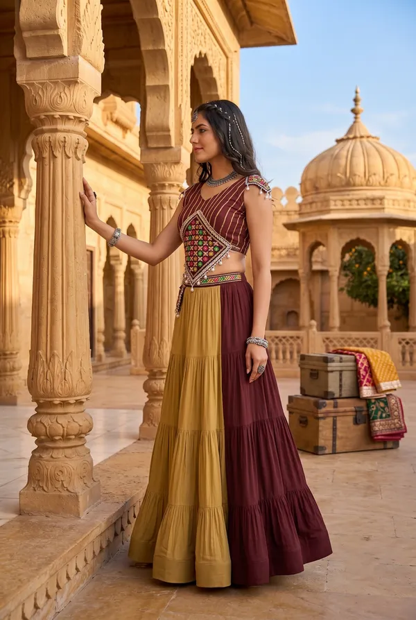 Maroon_&_Beige_Dual-Tone_Tiered_Flared_Lehenga_Choli_Set