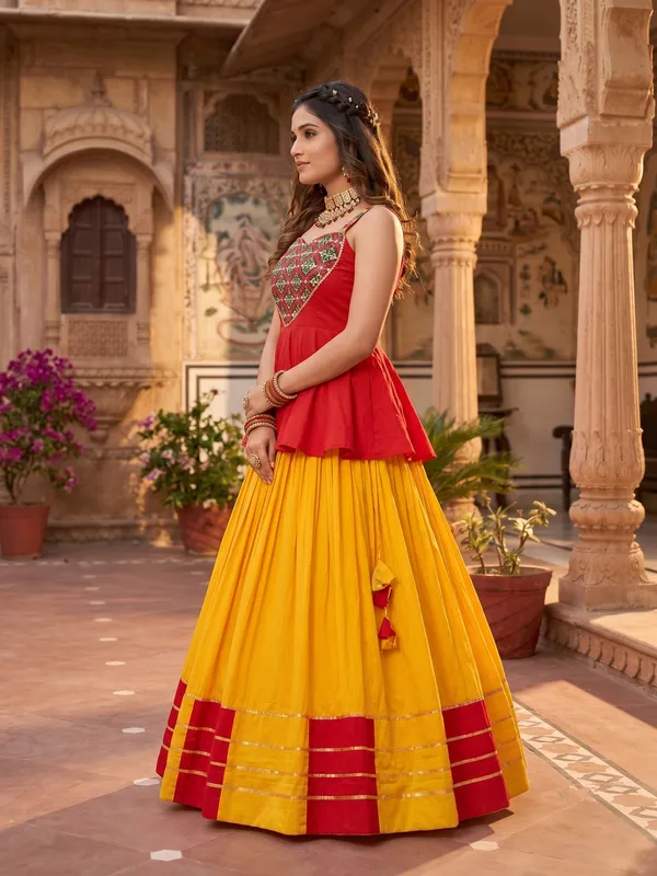 Red_Peplum_Top_&_Yellow_Flared_Skirt_Lehenga_Choli_Set