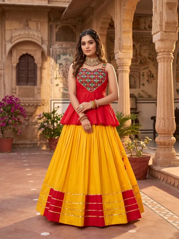 Red_Peplum_Top_&_Yellow_Flared_Skirt_Lehenga_Choli_Set