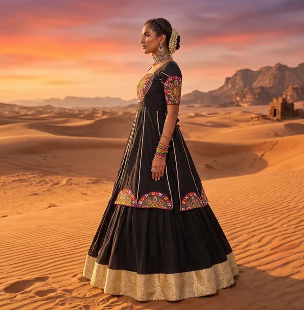 Black_Front_Slit_Long_Kurti_with_Flared_Skirt_Set