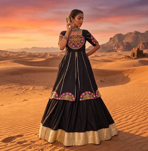 Black_Front_Slit_Long_Kurti_with_Flared_Skirt_Set