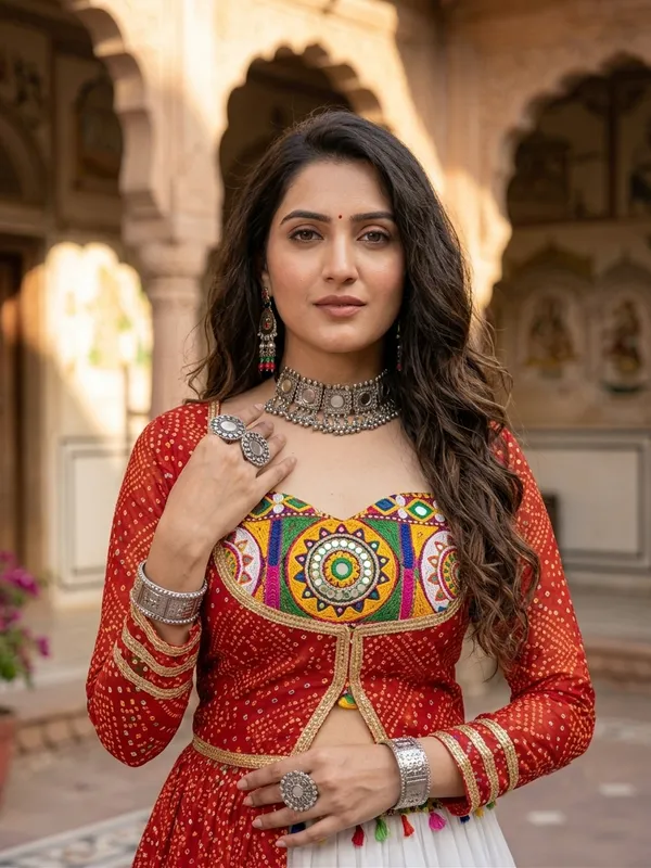 Red_Bandhani_Long_Jacket_Lehenga_Choli_Set