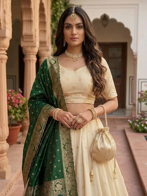 Cream_&_Green_Silk_Lehenga_Choli_Set