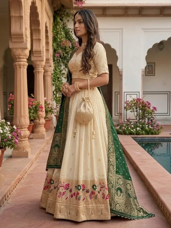 Cream_&_Green_Silk_Lehenga_Choli_Set