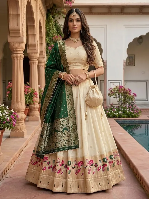 Cream_&_Green_Silk_Lehenga_Choli_Set