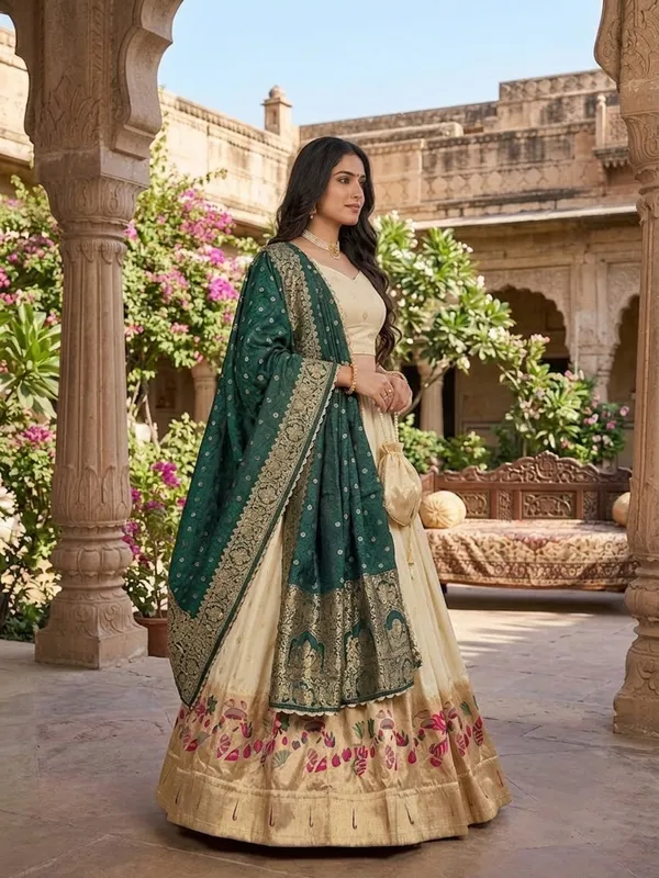 Cream_&_Rama_Silk_Lehenga_Choli_Set