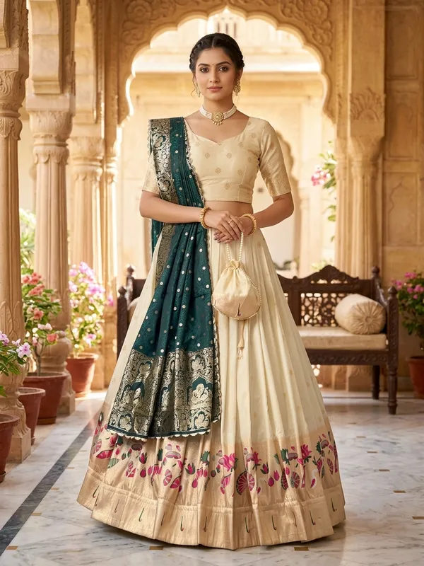 Cream_&_Rama_Silk_Lehenga_Choli_Set
