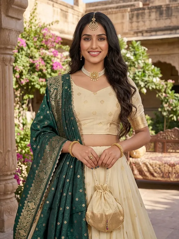 Cream_&_Rama_Silk_Lehenga_Choli_Set