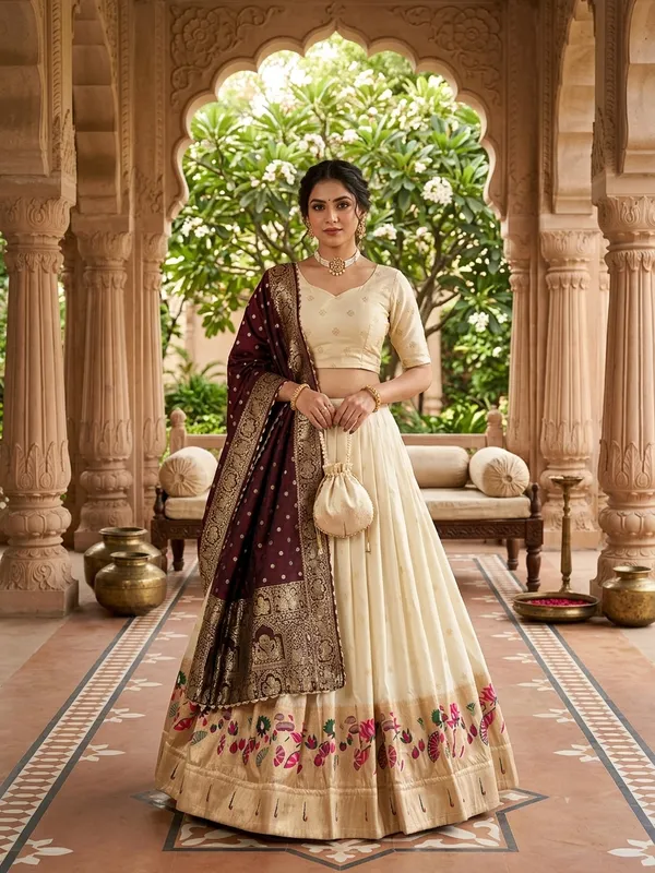 Cream_&_Wine_Silk_Lehenga_Choli_Set