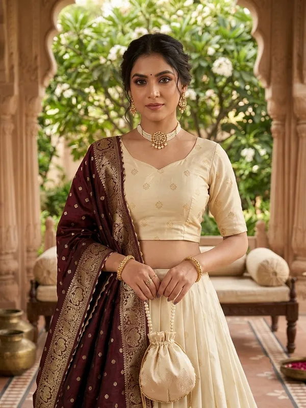 Cream_&_Wine_Silk_Lehenga_Choli_Set