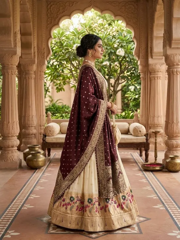 Cream_&_Wine_Silk_Lehenga_Choli_Set