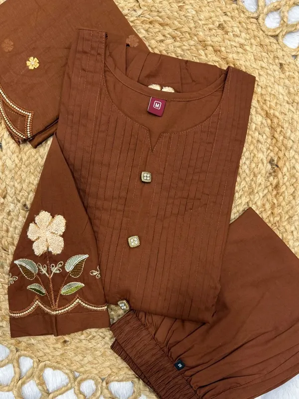 Pure_Cotton_Designer_Brown_Anarkali_Kurti_Set_with_Embroidery_Dupatta