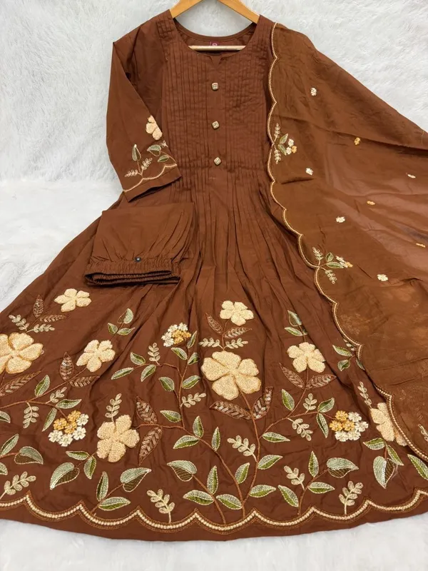 Pure_Cotton_Designer_Brown_Anarkali_Kurti_Set_with_Embroidery_Dupatta