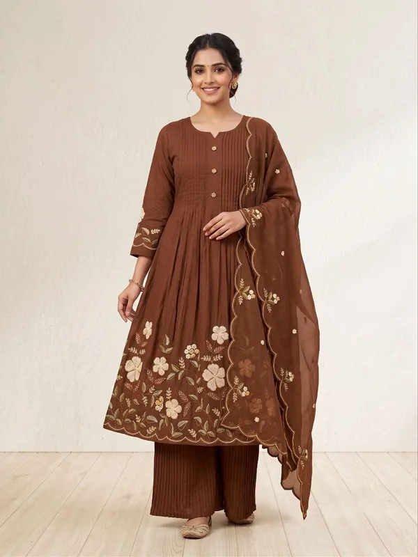 Pure_Cotton_Designer_Brown_Anarkali_Kurti_Set_with_Embroidery_Dupatta