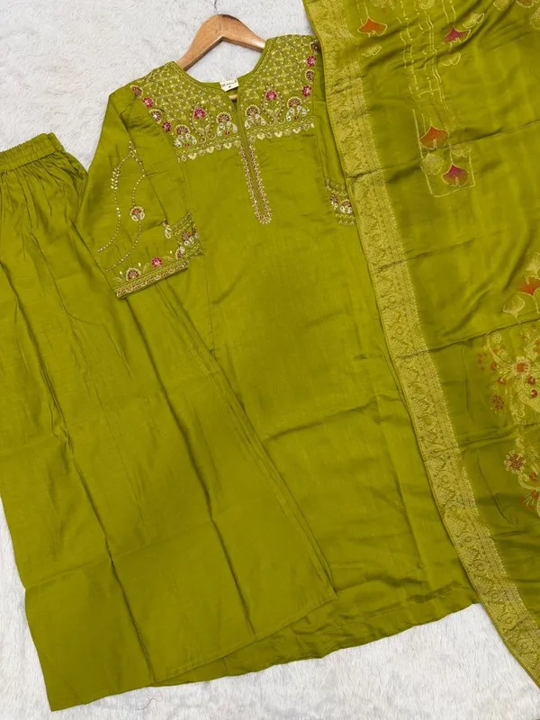 Embroidered_Green_Mango_Silk_Kurti,_Plazo_&_Dupatta_Set