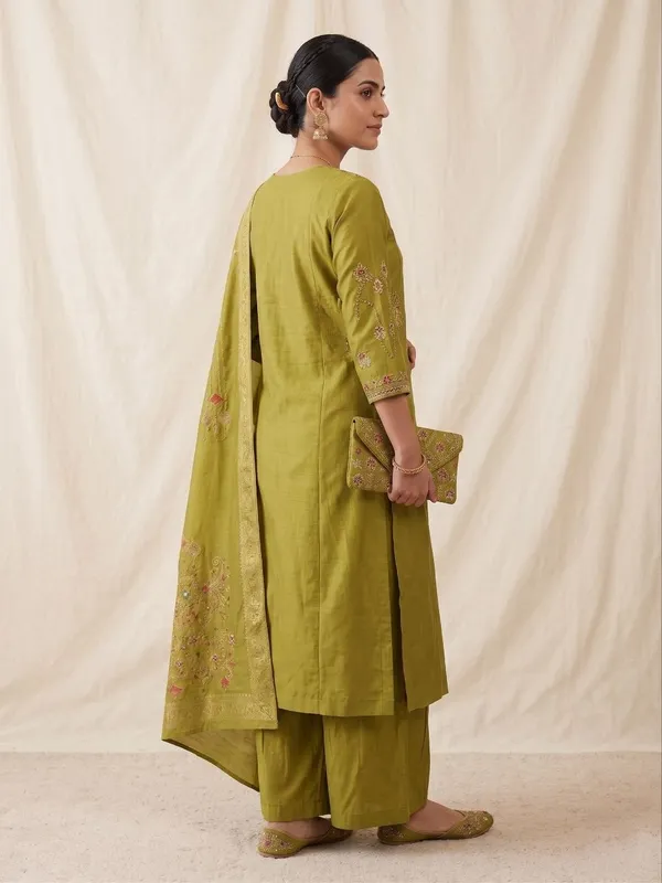 Embroidered_Green_Mango_Silk_Kurti,_Plazo_&_Dupatta_Set