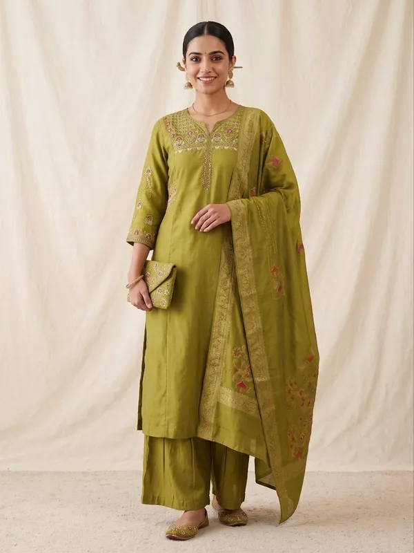 Embroidered_Green_Mango_Silk_Kurti,_Plazo_&_Dupatta_Set