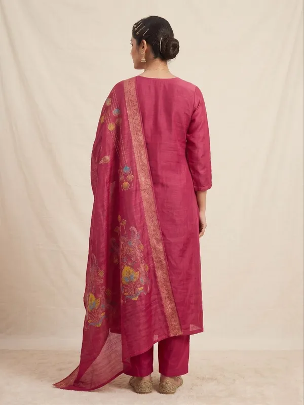 Embroidered_Rani_Mango_Silk_Kurti,_Plazo_&_Dupatta_Set